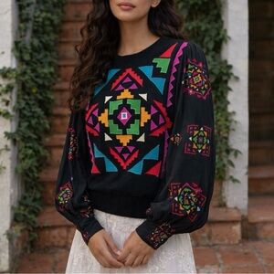 VINTAGE 90s ANNE CRIMMINS Geometric Appliqué Sweater Southwestern Sweater Blouse